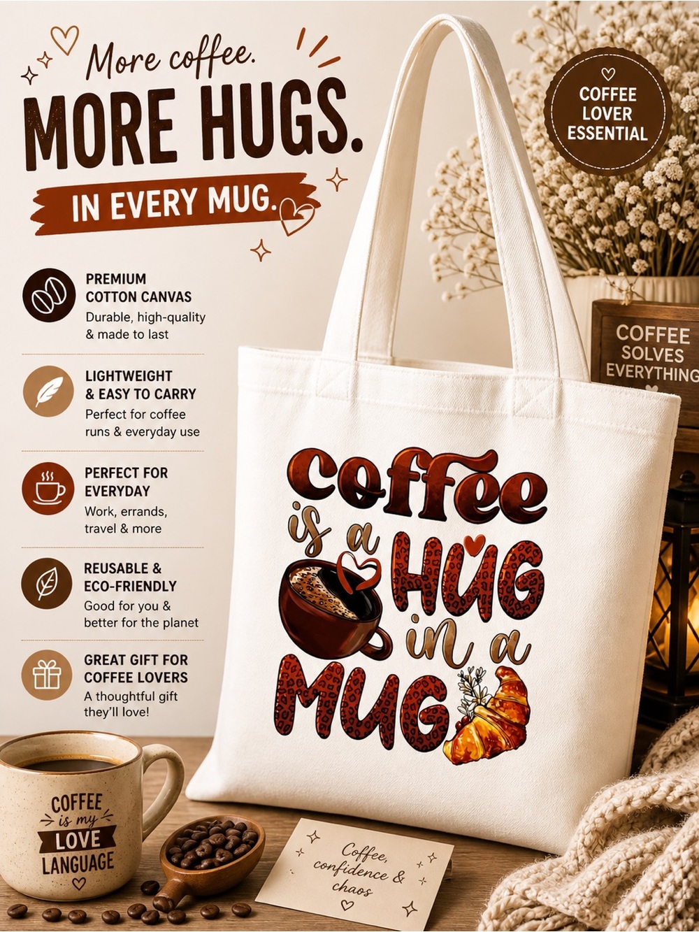 Handmade Canvas Tote Bag with Coffee Is A Hug in A Mug Graphic - White